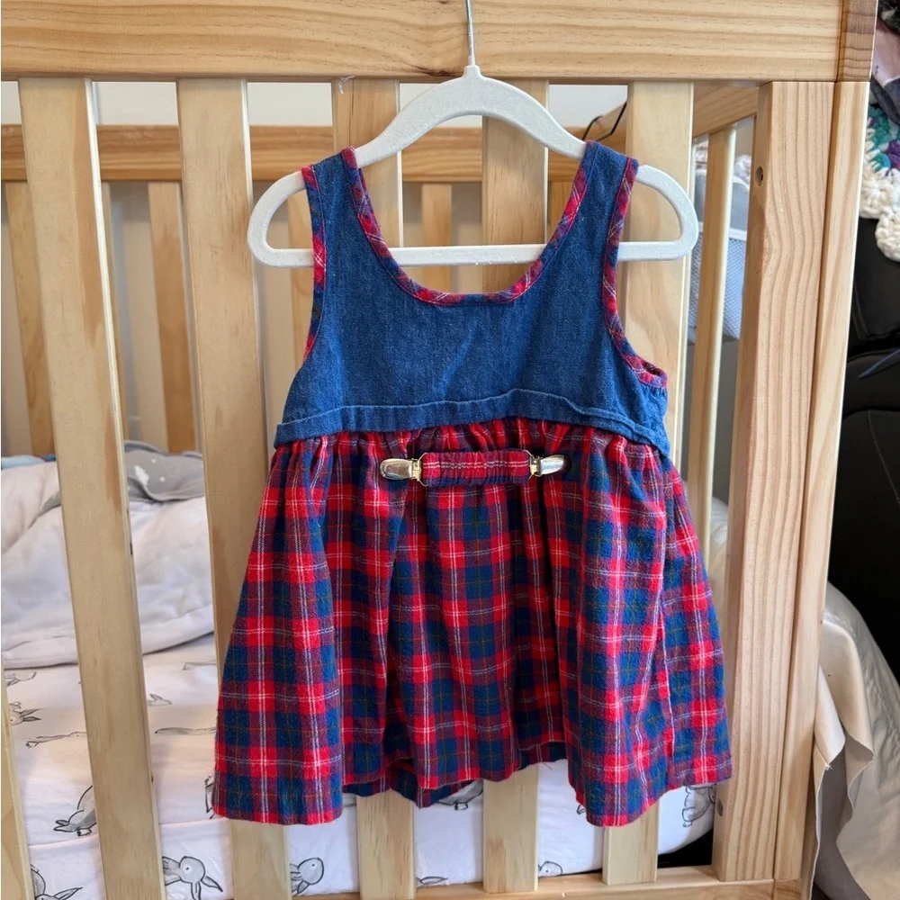 Vintage 90s Y2K Overall Skirtall Dress Plaid Flannel Scottie Dog  3T Lil Byer